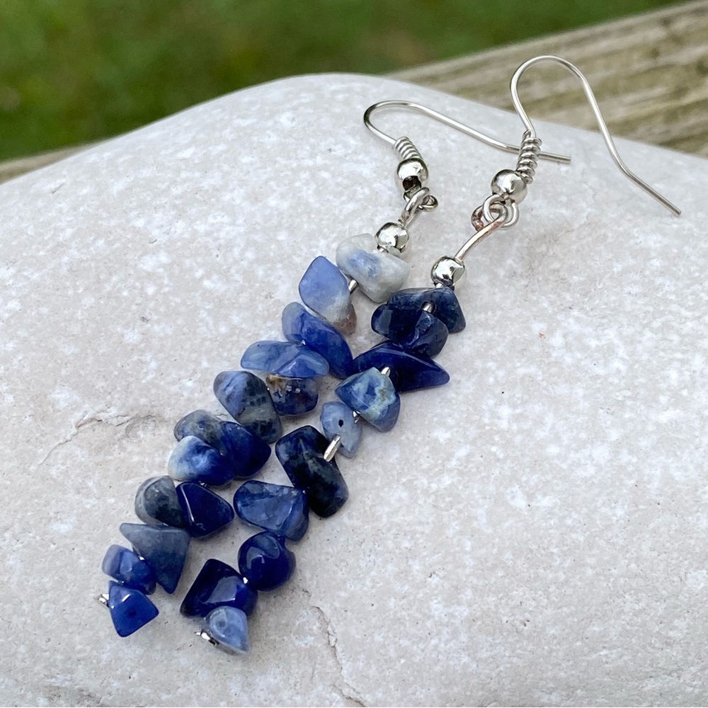Genuine Lapis Lazuli gemstone chip linear drop earrings